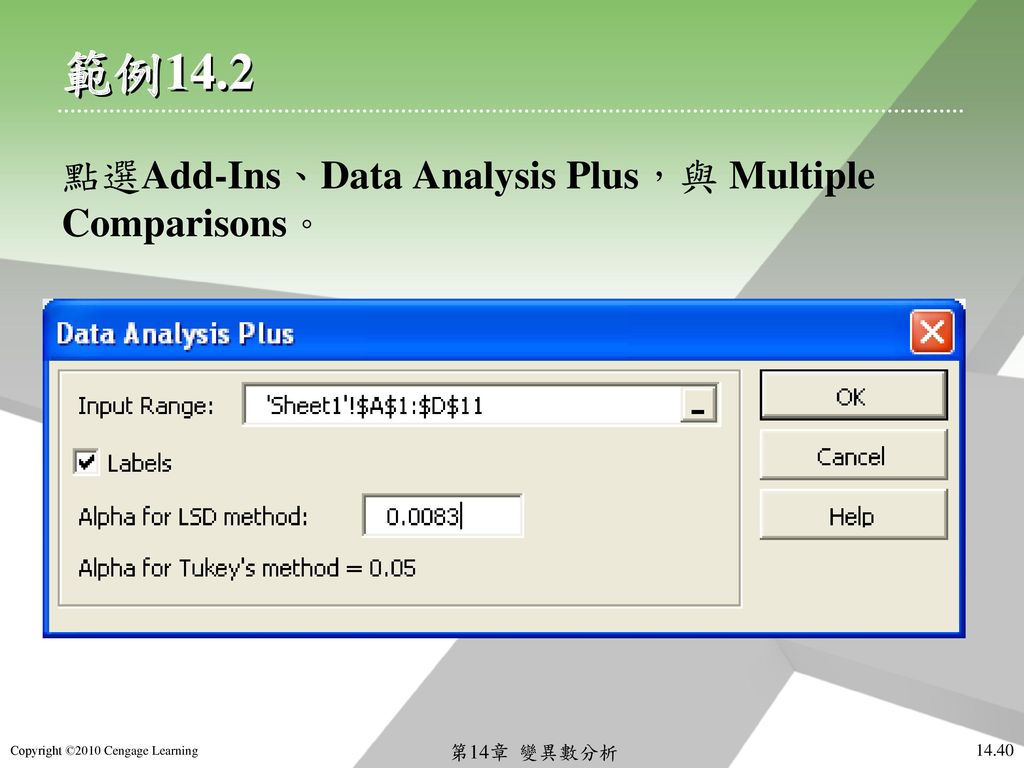 範例14.2 點選Add-Ins、Data Analysis Plus，與 Multiple Comparisons。 第14章 變異數分析