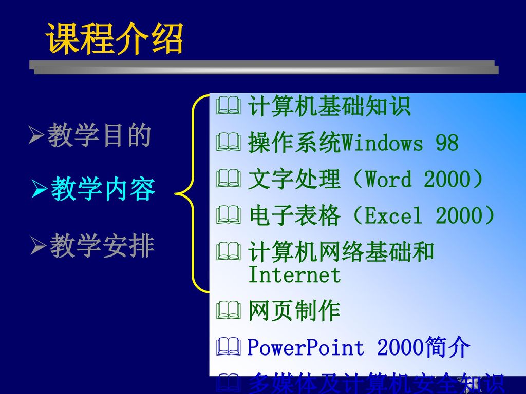 课程介绍 教学目的 教学内容 教学安排 计算机基础知识 操作系统Windows 98 文字处理（Word 2000）