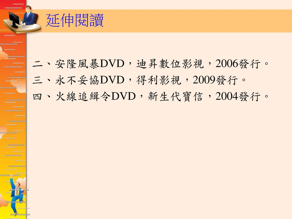 延伸閱讀 二、安隆風暴DVD，迪昇數位影視，2006發行。 三、永不妥協DVD，得利影視，2009發行。