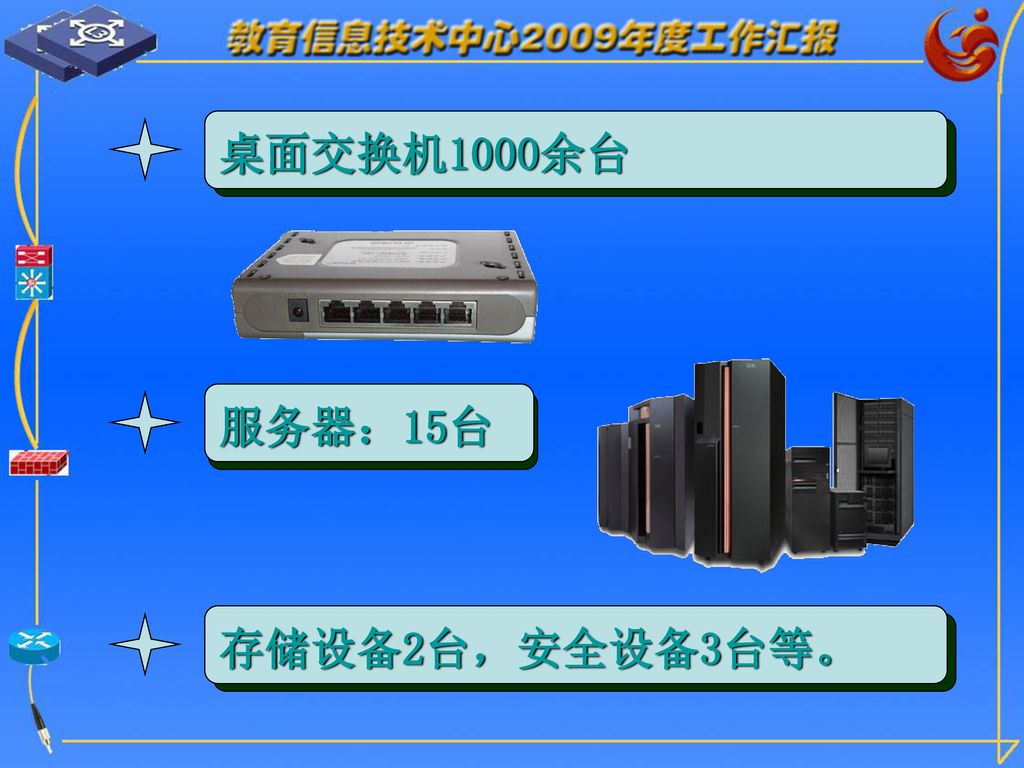 桌面交换机1000余台 服务器：15台 存储设备2台，安全设备3台等。