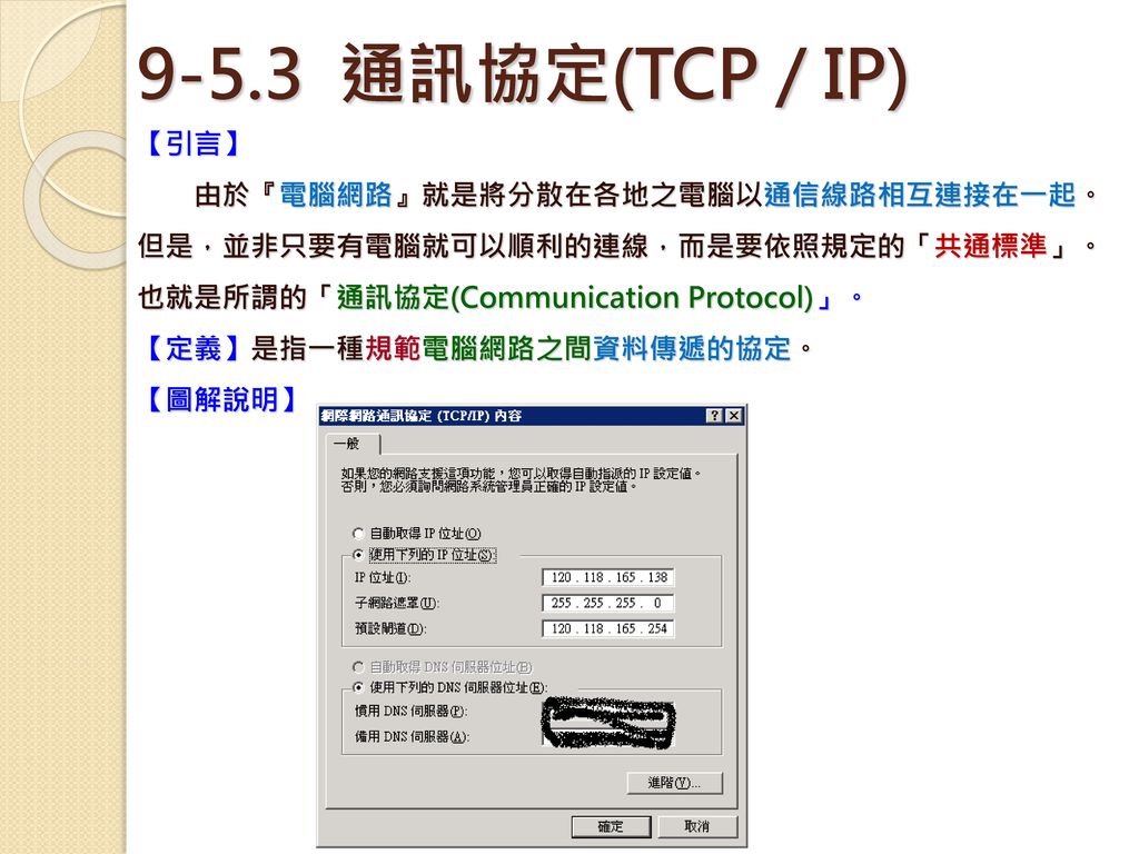 9-5.3 通訊協定(TCP / IP) 【引言】 由於『電腦網路』就是將分散在各地之電腦以通信線路相互連接在一起。但是，並非只要有電腦就可以順利的連線，而是要依照規定的「共通標準」。也就是所謂的「通訊協定(Communication Protocol)」。