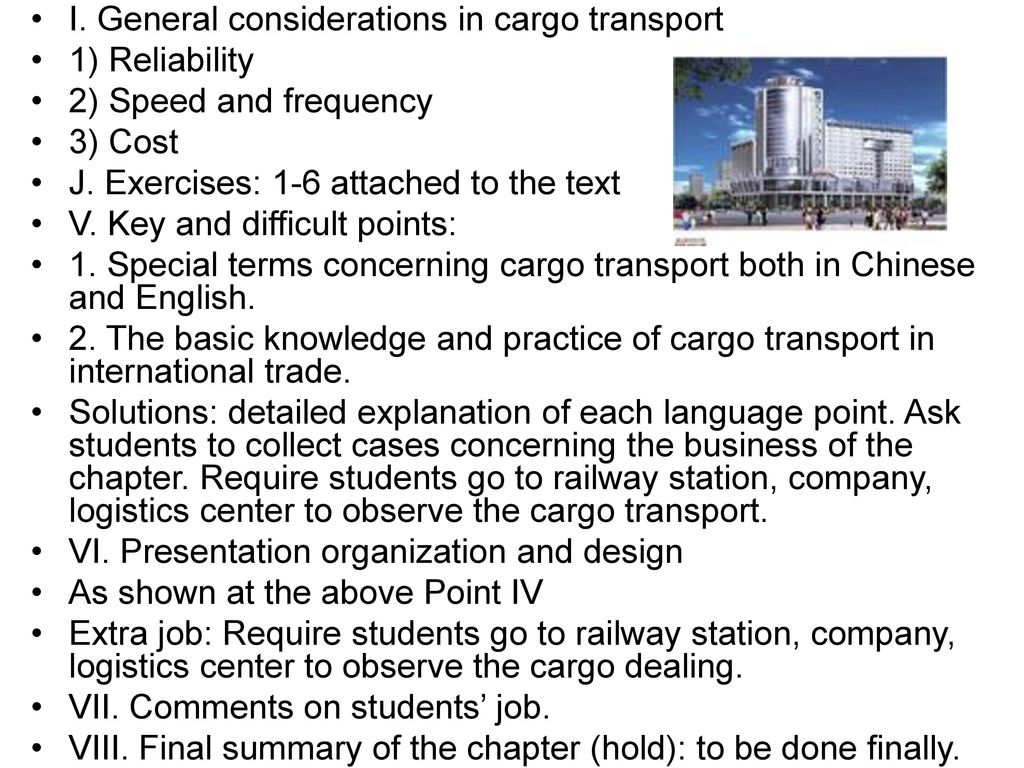 I. General considerations in cargo transport