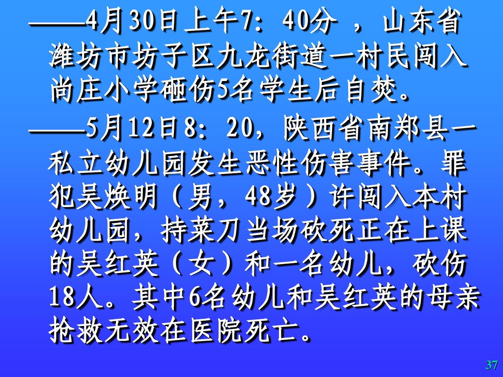 ——4月30日上午7：40分 ，山东省潍坊市坊子区九龙街道一村民闯入尚庄小学砸伤5名学生后自焚。