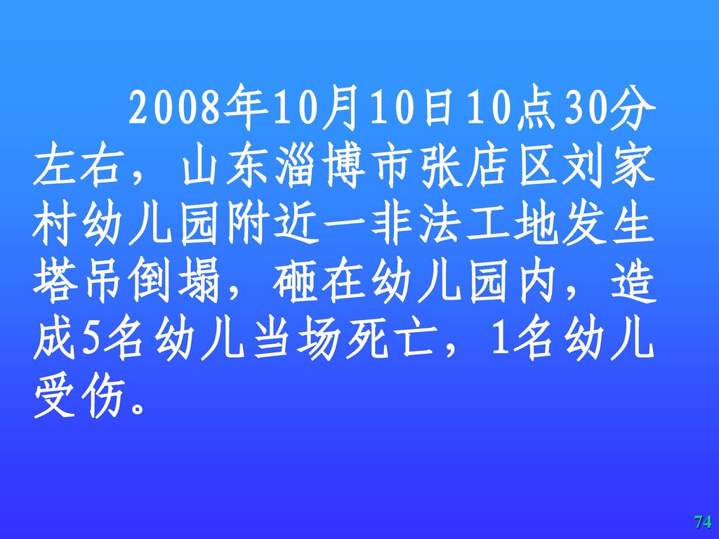 2008年10月10日10点30分左右，山东淄博市张店区刘家村幼儿园附近一非法工地发生塔吊倒塌，砸在幼儿园内，造成5名幼儿当场死亡，1名幼儿受伤。
