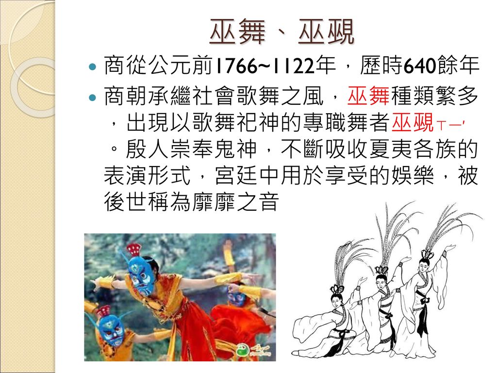 巫舞、巫覡 商從公元前1766~1122年，歷時640餘年.