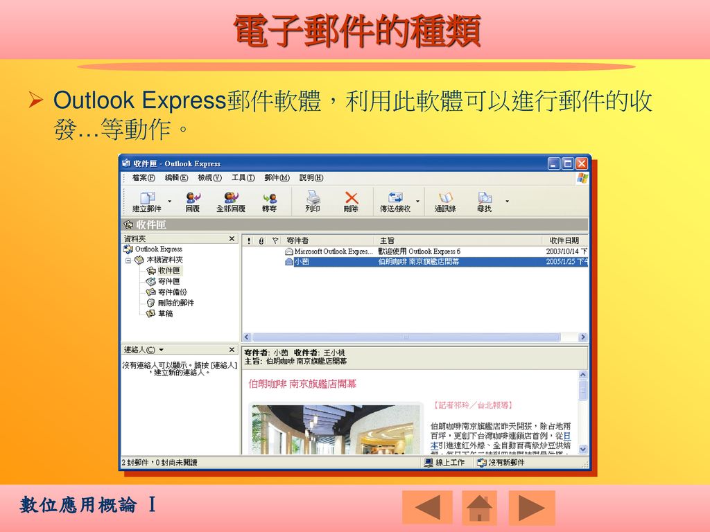 電子郵件的種類 Outlook Express郵件軟體，利用此軟體可以進行郵件的收發…等動作。