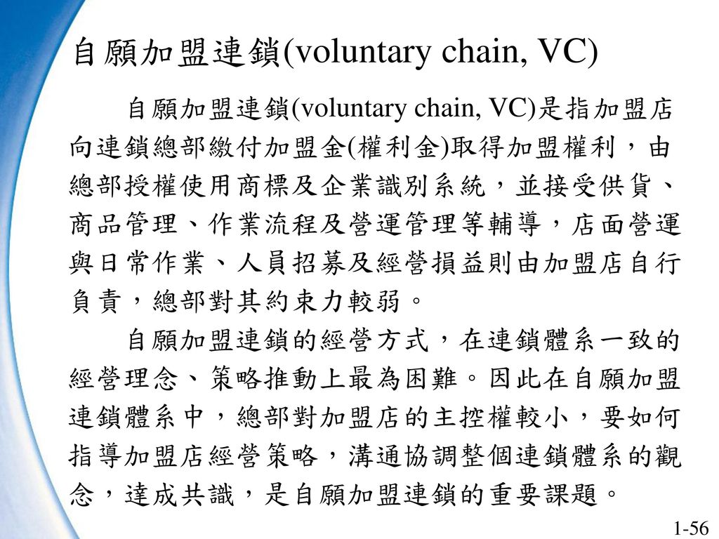 自願加盟連鎖(voluntary chain, VC)