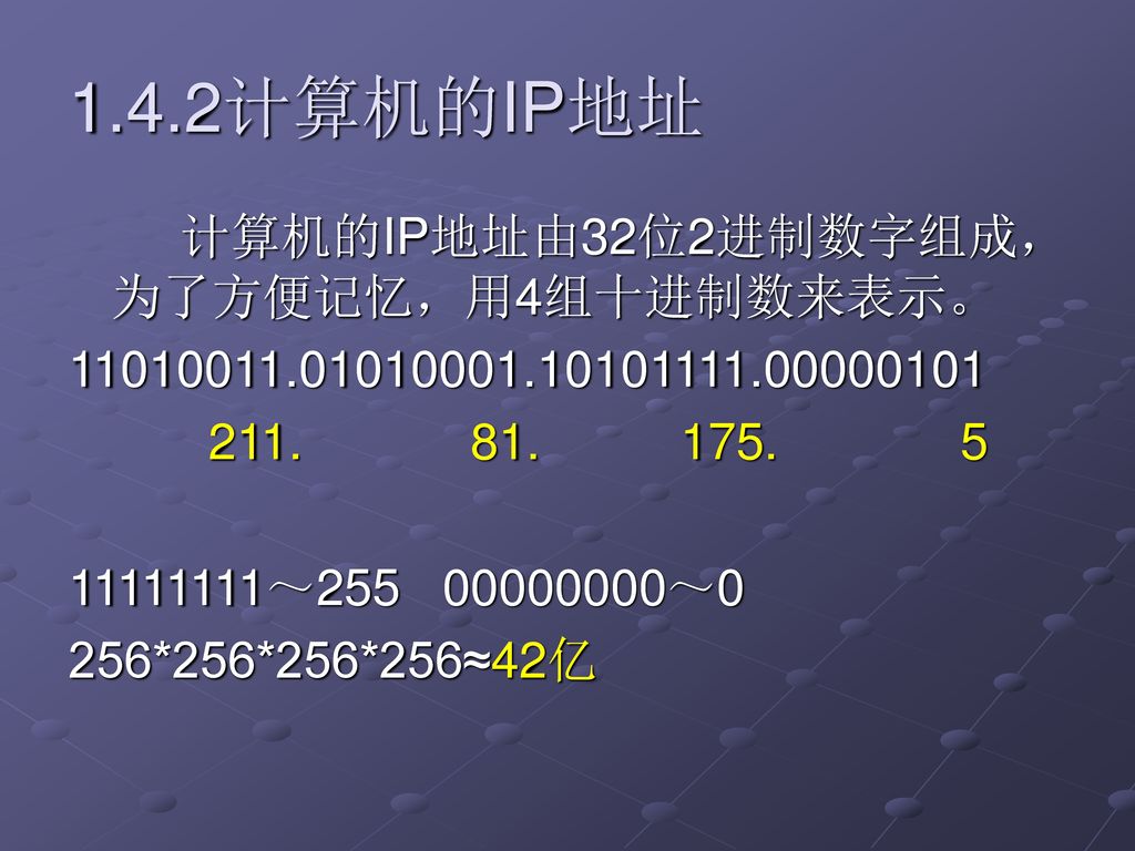 1.4.2计算机的IP地址 计算机的IP地址由32位2进制数字组成，为了方便记忆，用4组十进制数来表示。