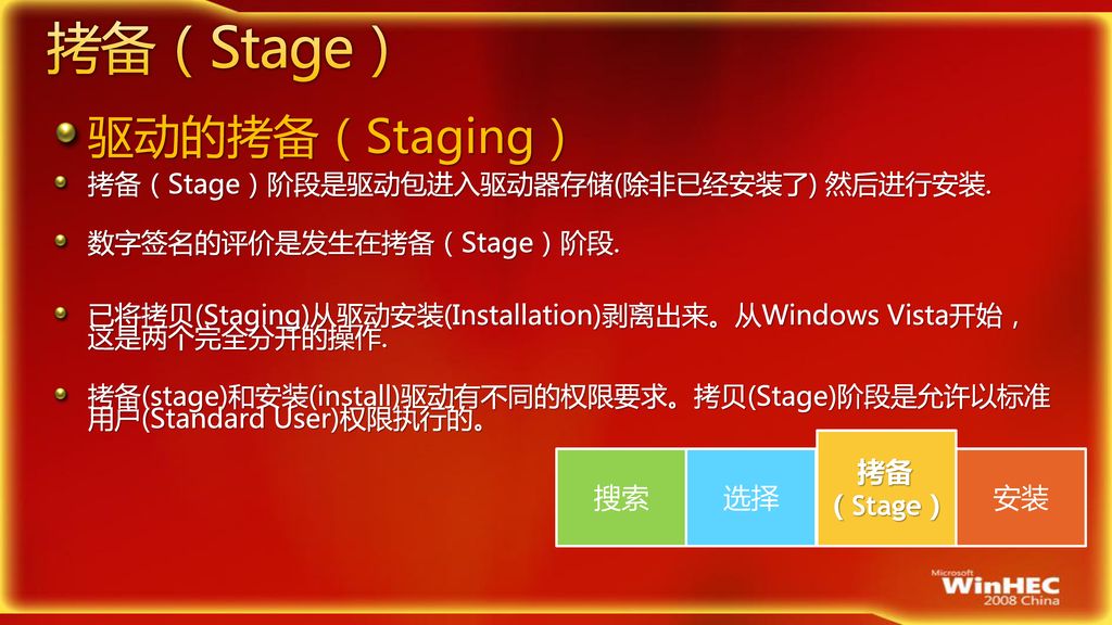 拷备（Stage） 驱动的拷备（Staging） 拷备（Stage） 搜索 选择 安装
