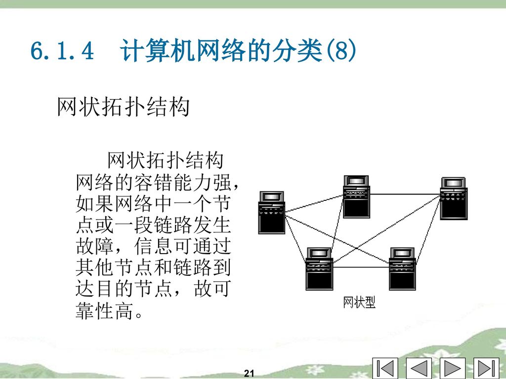 6.1.4 计算机网络的分类(8) 网状拓扑结构 网状拓扑结构网络的容错能力强，如果网络中一个节点或一段链路发生故障，信息可通过其他节点和链路到达目的节点，故可靠性高。 21