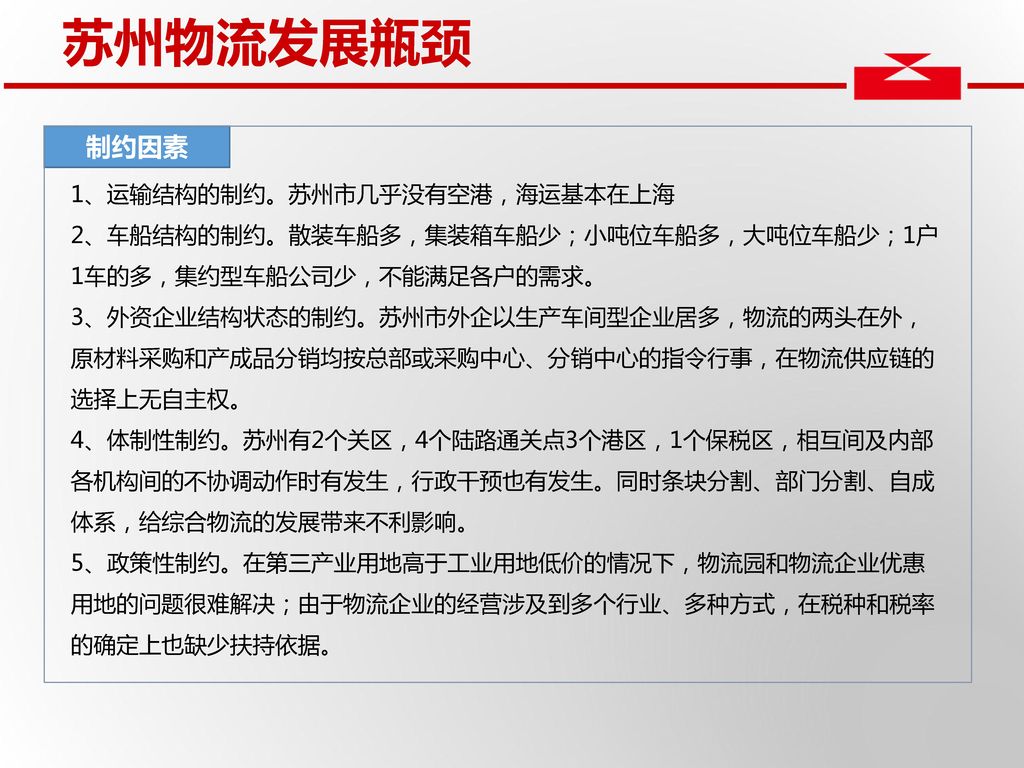 苏州物流发展瓶颈 制约因素 1、运输结构的制约。苏州市几乎没有空港，海运基本在上海