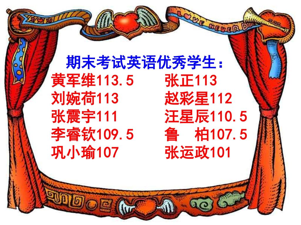 期末考试英语优秀学生： 黄军维113.5 张正113. 刘婉荷113 赵彩星112.
