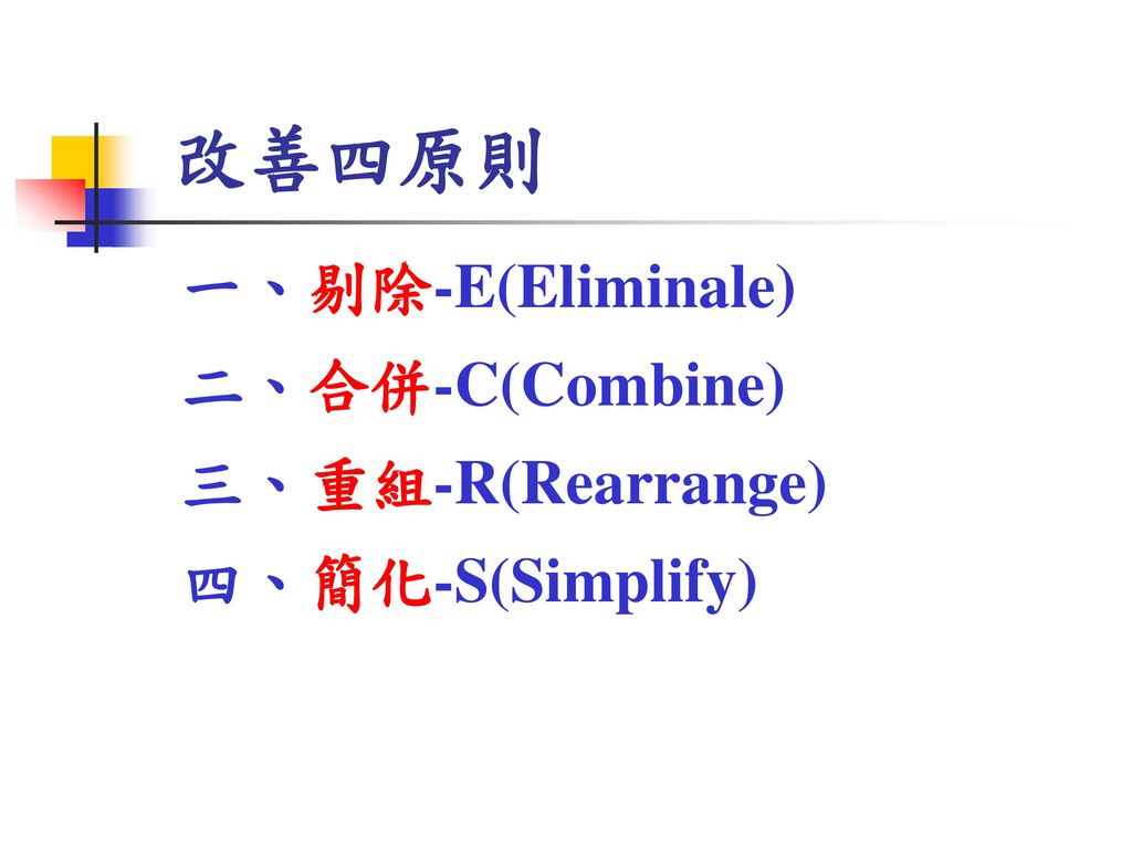 改善四原則 一、剔除-E(Eliminale) 二、合併-C(Combine) 三、重組-R(Rearrange)