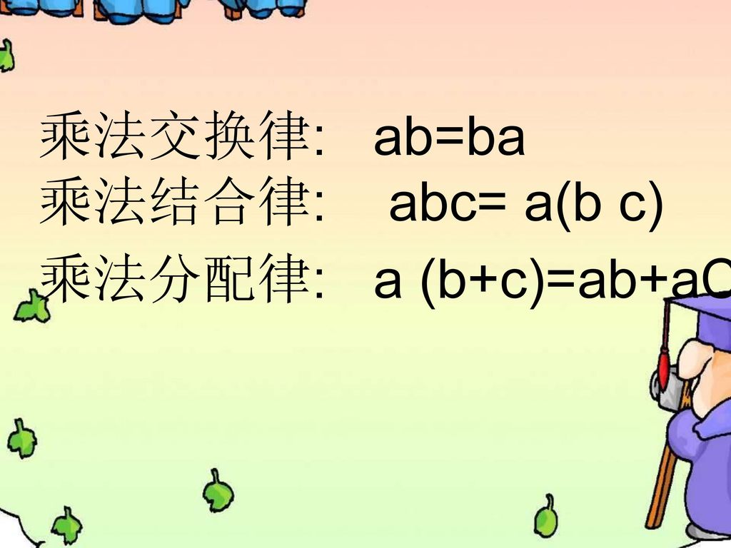 乘法交换律: ab=ba 乘法结合律: abc= a(b c) 乘法分配律: a (b+c)=ab+aC
