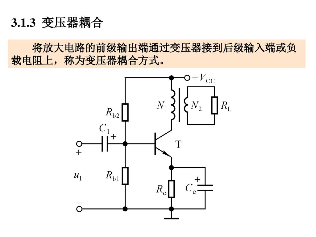 3.1.3 变压器耦合 将放大电路的前级输出端通过变压器接到后级输入端或负载电阻上，称为变压器耦合方式。