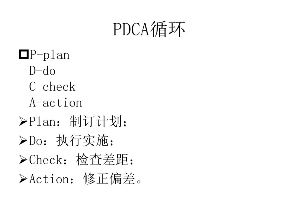 PDCA循环 P-plan D-do C-check A-action Plan：制订计划； Do：执行实施； Check：检查差距；