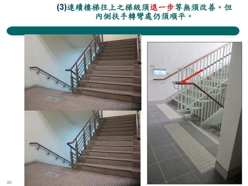 (3)連續樓梯往上之梯級須退一步等無須改善。但內側扶手轉彎處仍須順平。