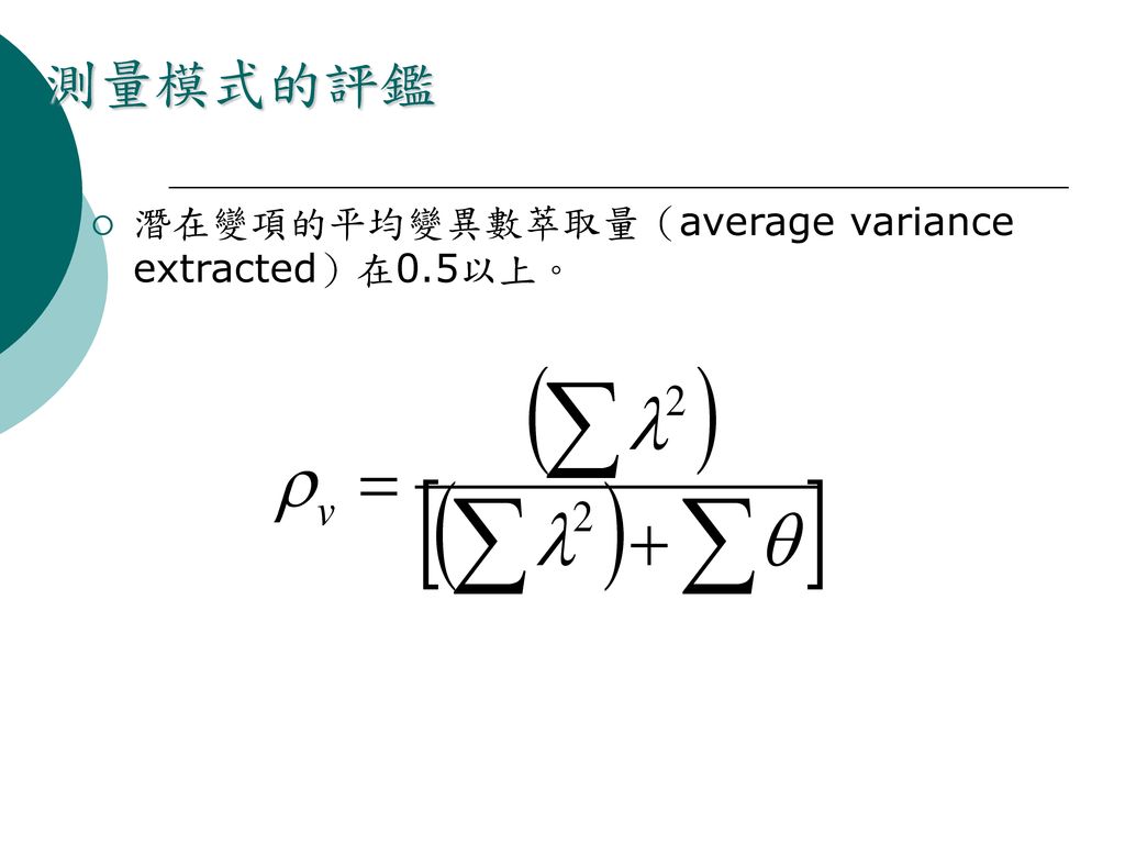 測量模式的評鑑 潛在變項的平均變異數萃取量（average variance extracted）在0.5以上。