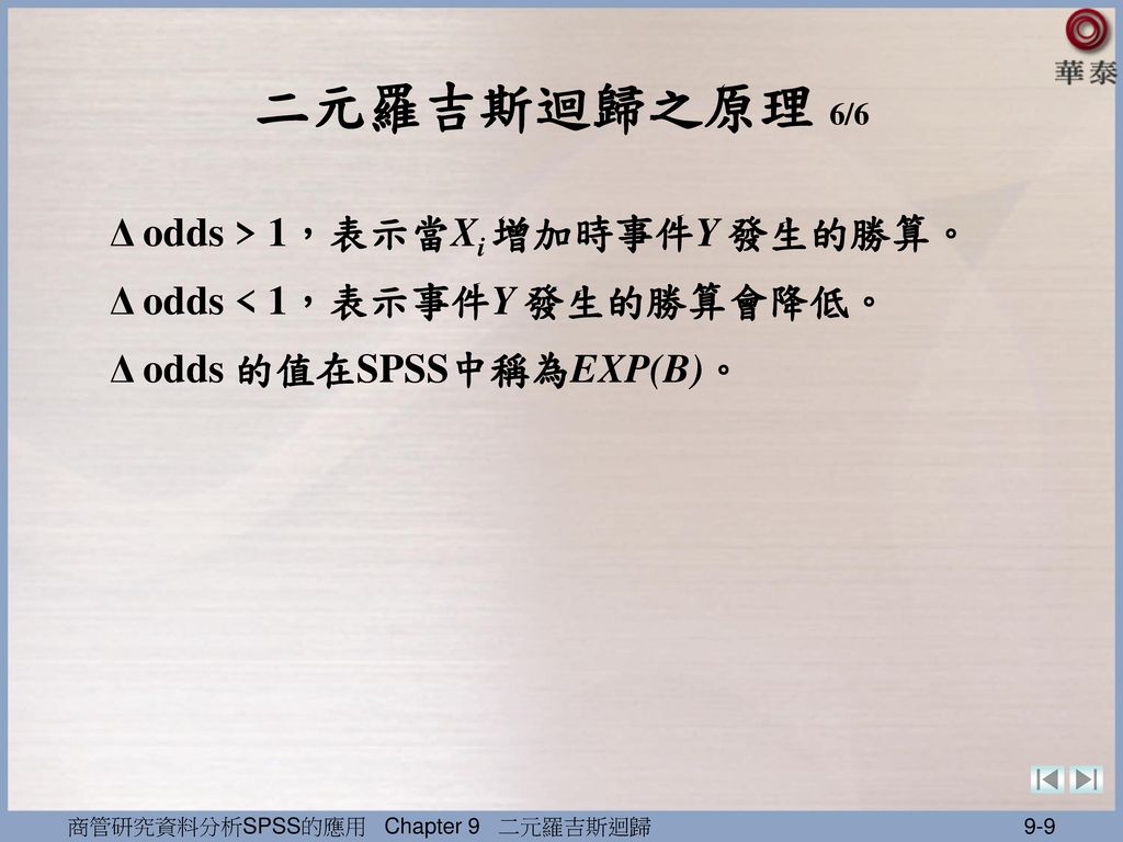 二元羅吉斯迴歸之原理 6/6 Δ odds > 1，表示當Xi 增加時事件Y 發生的勝算。