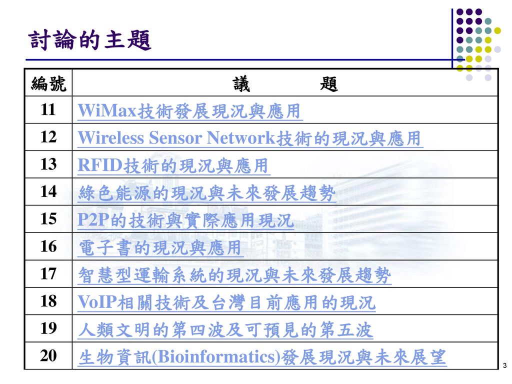 討論的主題 編號 議 題 WiMax技術發展現況與應用 Wireless Sensor Network技術的現況與應用