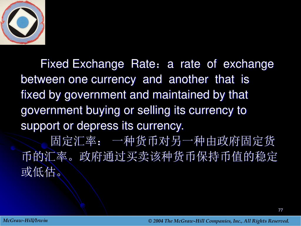 Fixed Exchange Rate：a rate of exchange
