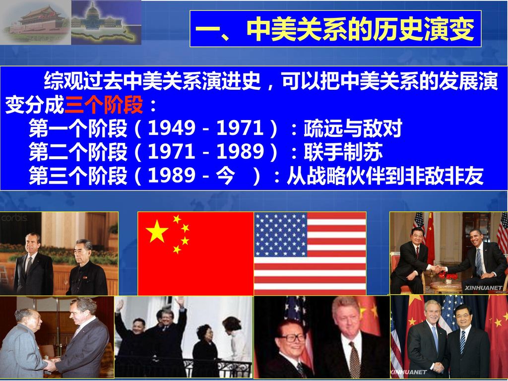 一、中美关系的历史演变 第一个阶段（1949－1971）：疏远与敌对 第二个阶段（1971－1989）：联手制苏