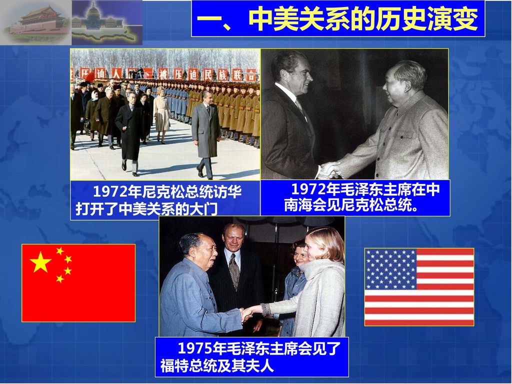 一、中美关系的历史演变 1972年尼克松总统访华打开了中美关系的大门 1972年毛泽东主席在中南海会见尼克松总统。