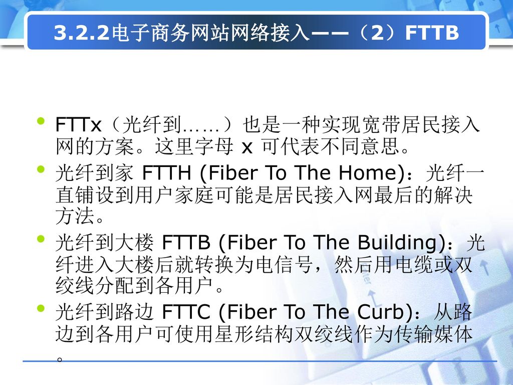 3.2.2电子商务网站网络接入——（2）FTTB FTTx（光纤到……）也是一种实现宽带居民接入网的方案。这里字母 x 可代表不同意思。 光纤到家 FTTH (Fiber To The Home)：光纤一直铺设到用户家庭可能是居民接入网最后的解决方法。