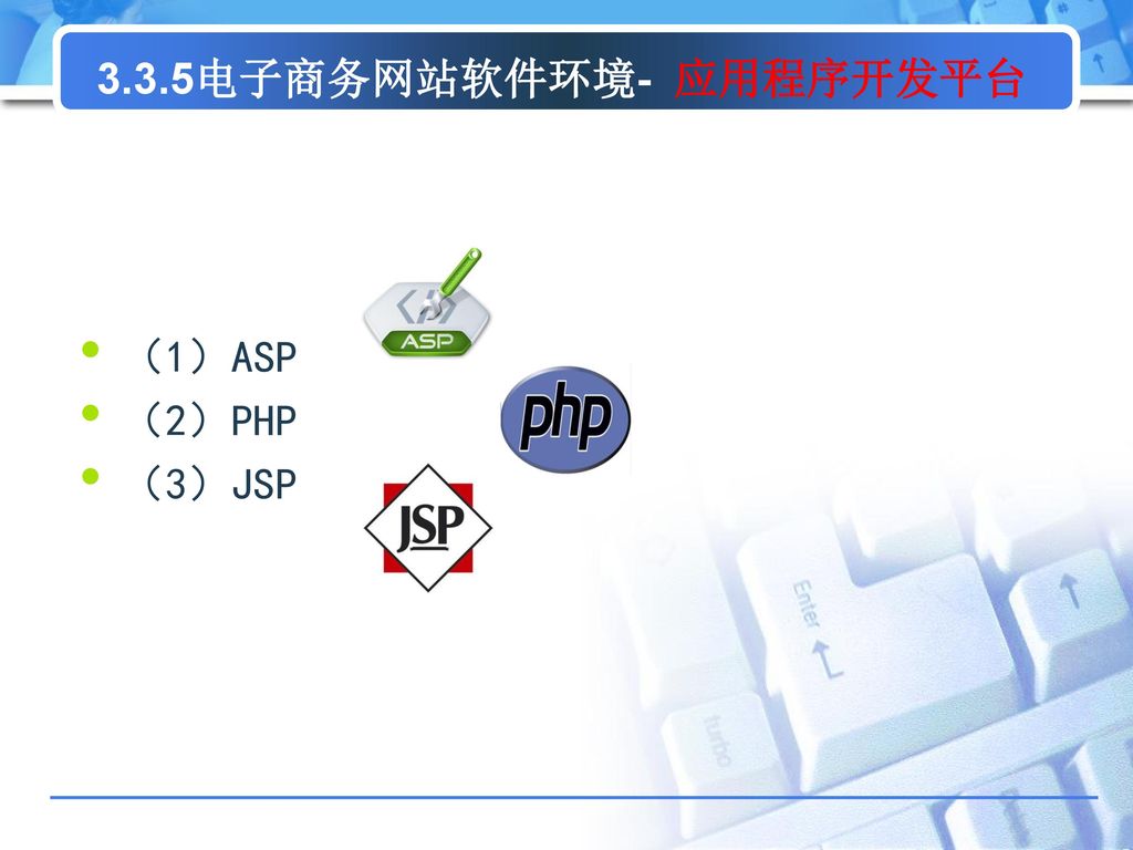 3.3.5电子商务网站软件环境- 应用程序开发平台 （1）ASP （2）PHP （3）JSP