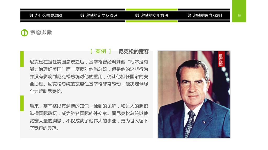 05 宽容激励. 案例. [ ] 尼克松的宽容. 尼克松在担任美国总统之后，基辛格曾经讽刺他 根本没有能力治理好美国 而一度反对他当总统，但是他的这些行为并没有影响到尼克松总统对他的重用，仍让他担任国家的安全助理。尼克松总统的宽容让基辛格非常感动，他决定倾尽全力帮助尼克松。