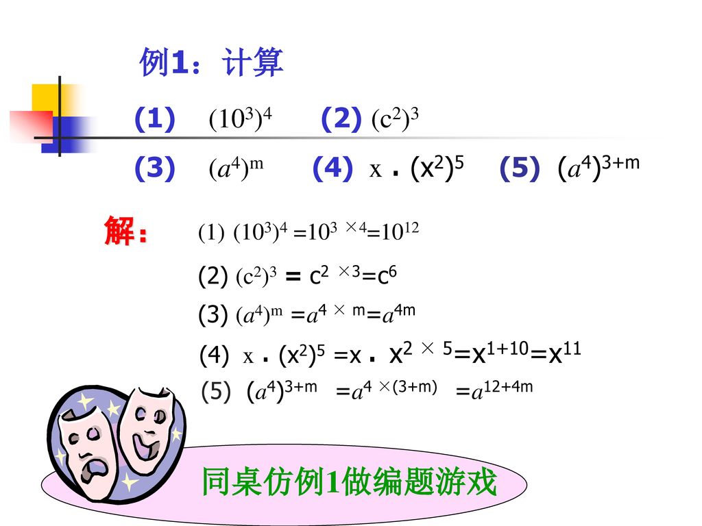 例1：计算 解： 同桌仿例1做编题游戏 (1) (103)4 (2) (c2)3