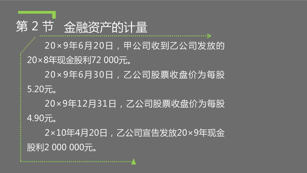 第 2 节 金融资产的计量 20×9年6月20日，甲公司收到乙公司发放的20×8年现金股利72 000元。