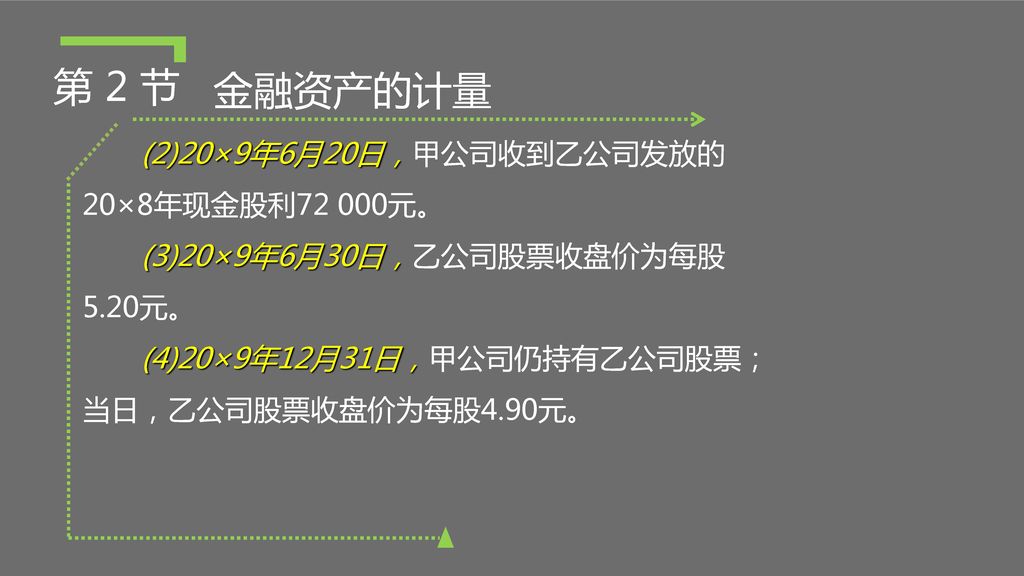 第 2 节 金融资产的计量 (2)20×9年6月20日，甲公司收到乙公司发放的20×8年现金股利72 000元。