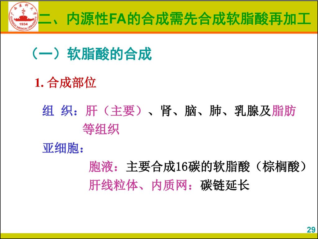 二、内源性FA的合成需先合成软脂酸再加工