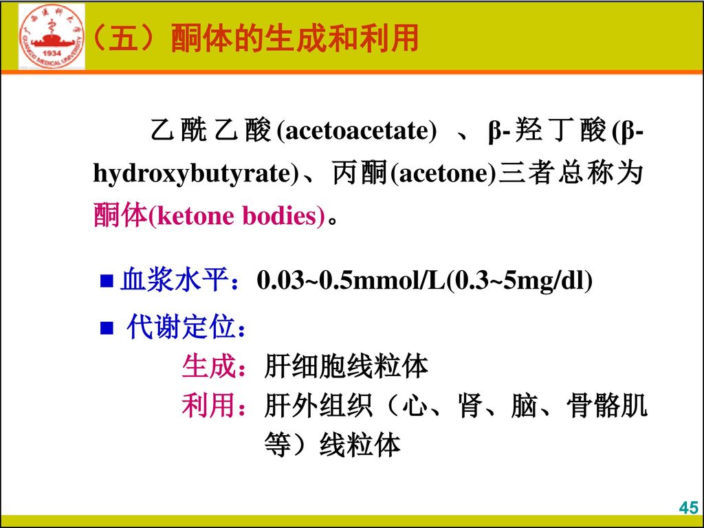 （五）酮体的生成和利用 乙酰乙酸(acetoacetate) 、β-羟丁酸(β-hydroxybutyrate)、丙酮(acetone)三者总称为酮体(ketone bodies)。 血浆水平：0.03~0.5mmol/L(0.3~5mg/dl)