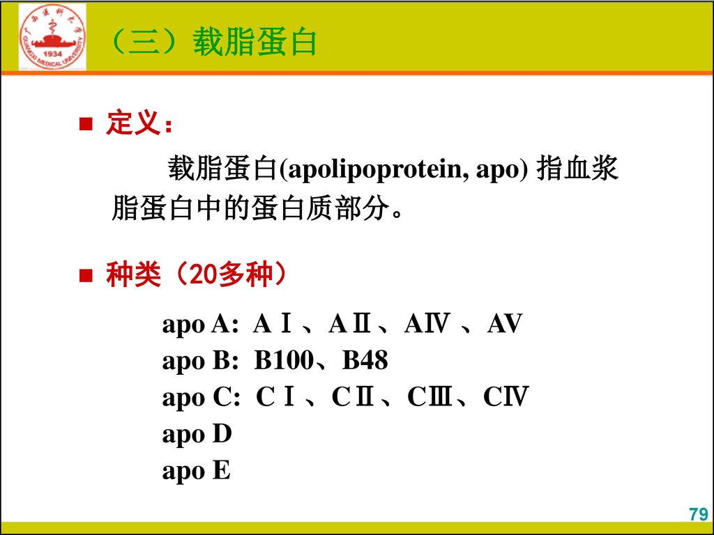 （三）载脂蛋白 定义： 载脂蛋白(apolipoprotein, apo) 指血浆脂蛋白中的蛋白质部分。 种类（20多种）