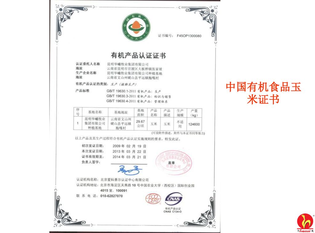 中国有机食品玉米证书