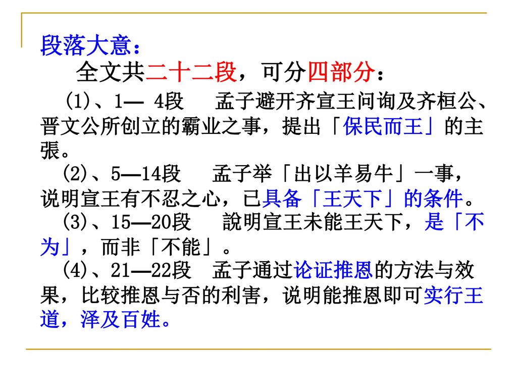 (1)、1— 4段 孟子避开齐宣王问询及齐桓公、晋文公所创立的霸业之事，提出「保民而王」的主張。