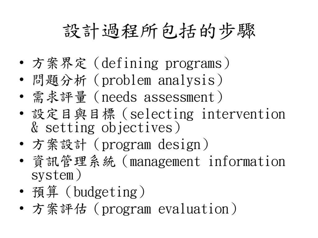 設計過程所包括的步驟 方案界定（defining programs） 問題分析（problem analysis）