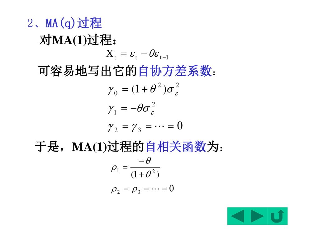 2、MA(q)过程 对MA(1)过程： 可容易地写出它的自协方差系数： 于是，MA(1)过程的自相关函数为：