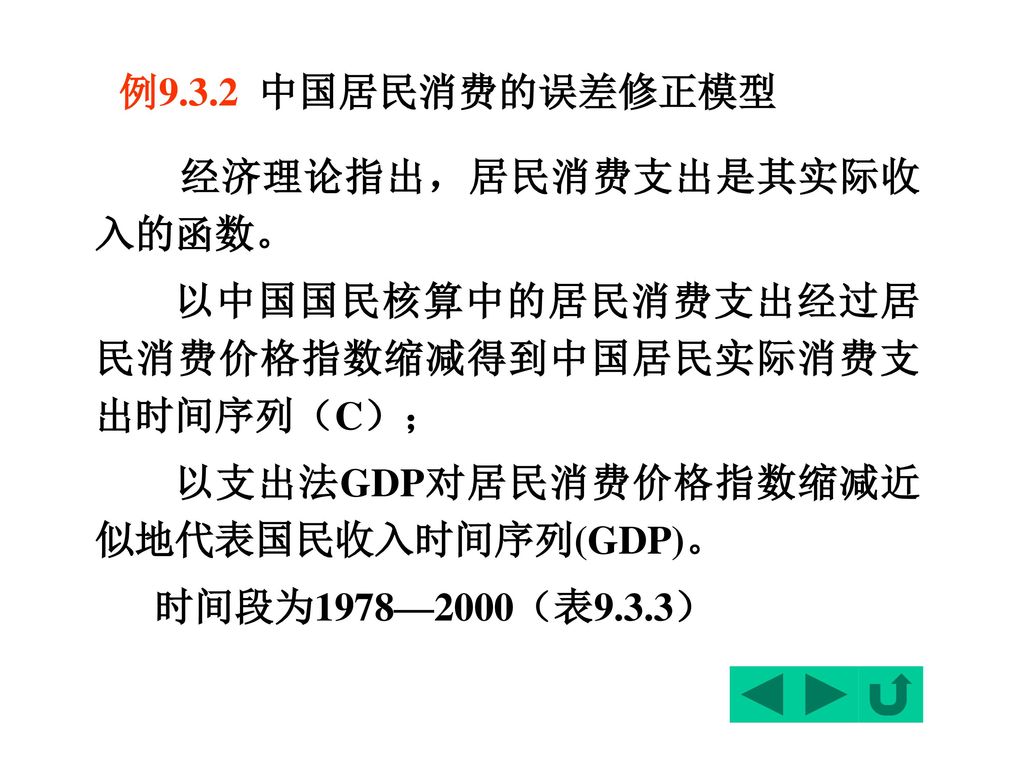 以中国国民核算中的居民消费支出经过居民消费价格指数缩减得到中国居民实际消费支出时间序列（C）；