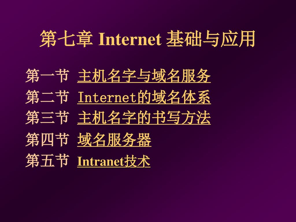 第七章 Internet 基础与应用 第一节 主机名字与域名服务 第二节 Internet的域名体系 第三节 主机名字的书写方法