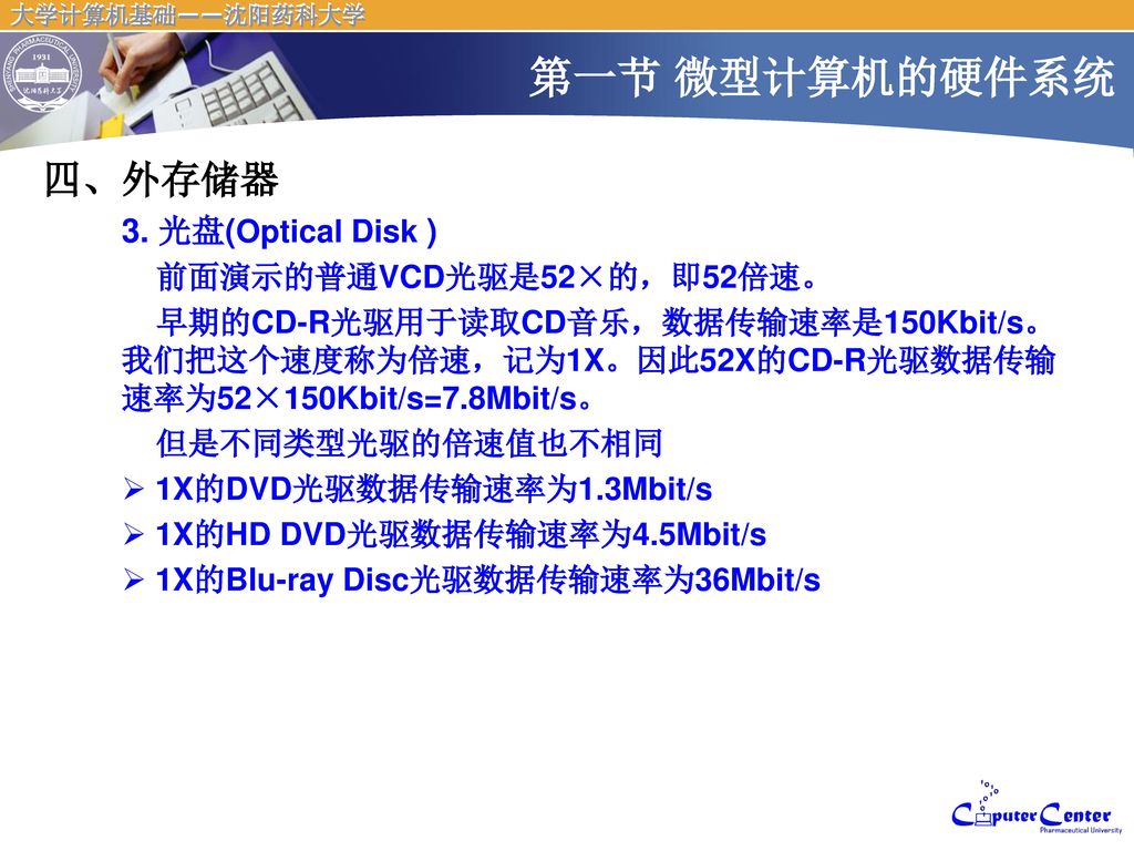 第一节 微型计算机的硬件系统 四、外存储器 3. 光盘(Optical Disk ) 前面演示的普通VCD光驱是52×的，即52倍速。