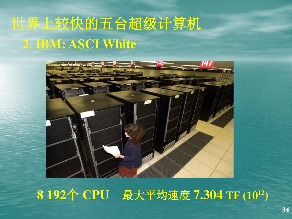 世界上较快的五台超级计算机 1.IBM: Seaborg 6 080个 CPU 最大平均速度 TF (1012)