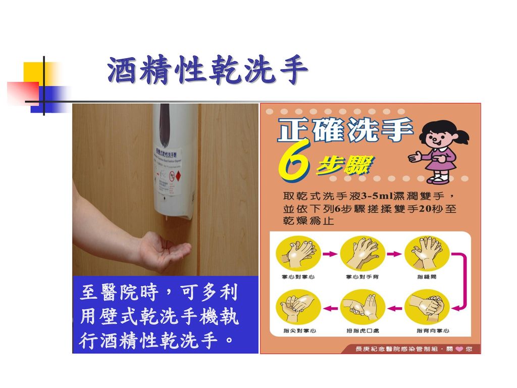 酒精性乾洗手 至醫院時，可多利用壁式乾洗手機執行酒精性乾洗手。