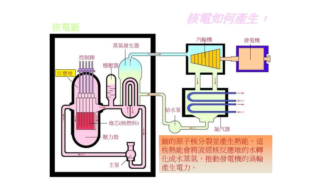 核電如何產生﹖ 核電廠 鈾的原子核分裂並產生熱能，這些熱能會將流經核反應堆的水轉化成水蒸氣，推動發電機的渦輪產生電力。 汽輪機 發電機