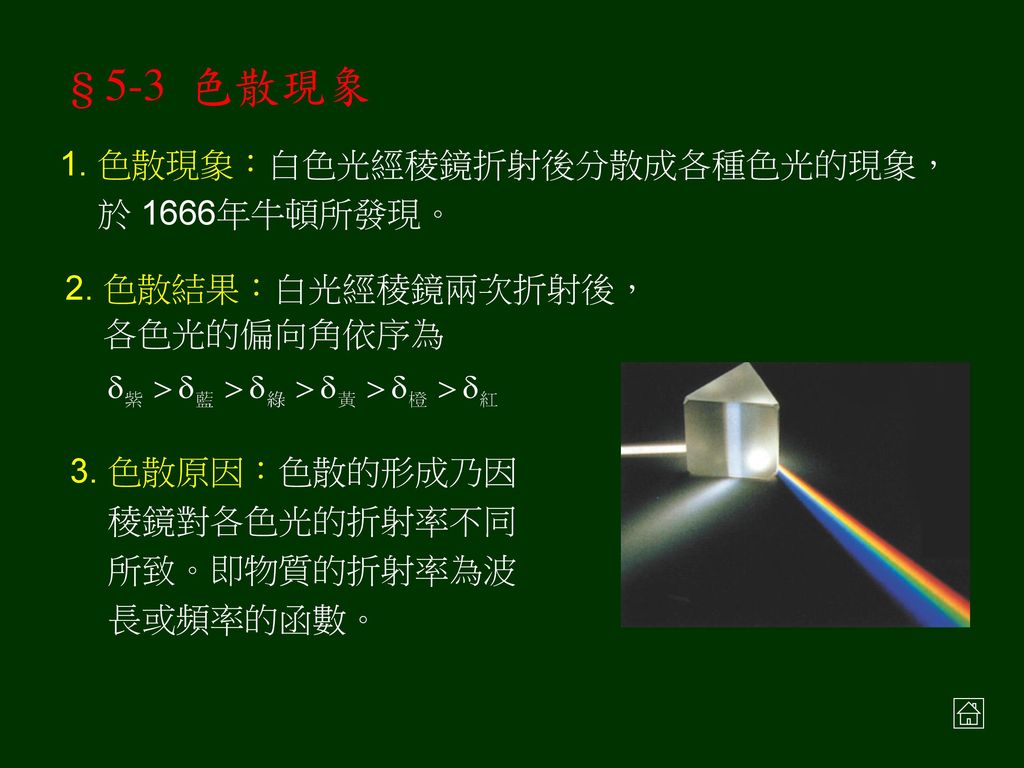 例題：圖為一光纖之側面剖面圖，其中 n1 及 n2 分別代表不同物質之折射率， n1 之部分稱為核心。若要使光在光纖中靠全反射傳遞（不穿透 n2 介質而產生漏失），sinθ 必須小於 _______ [75.日大]