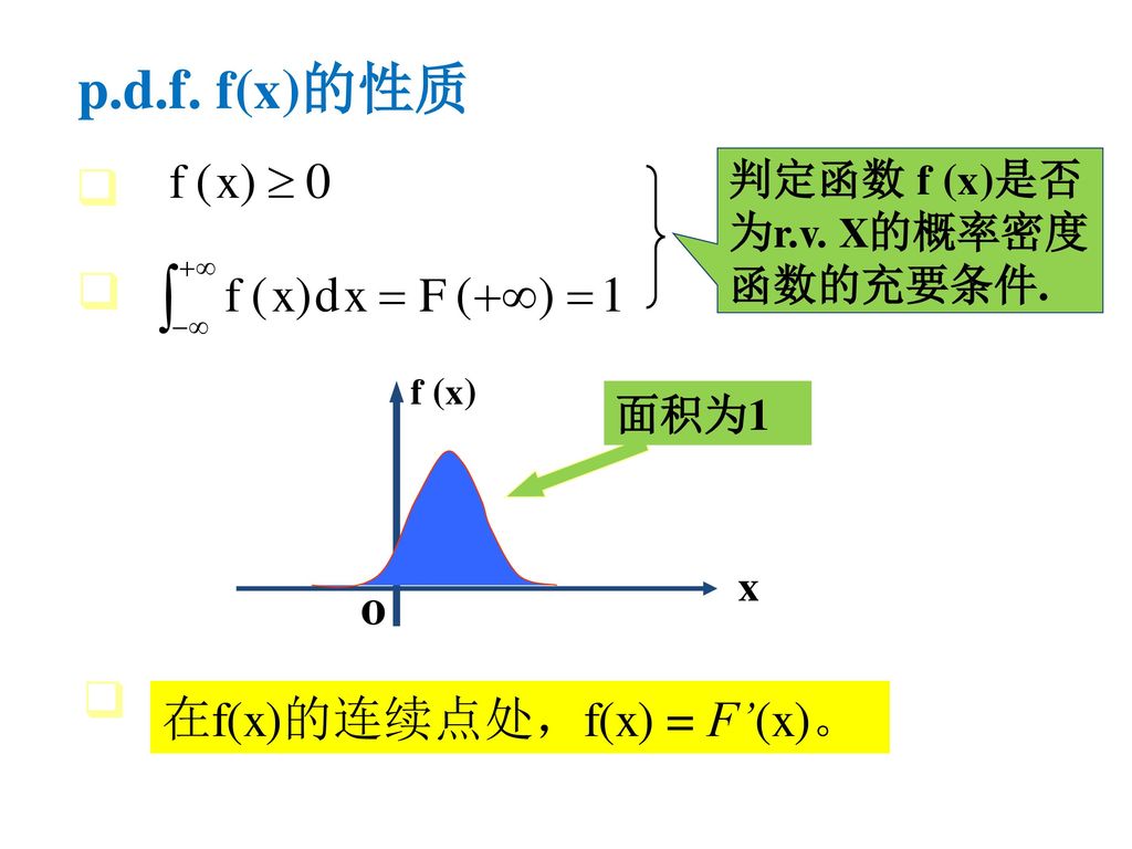p.d.f. f(x)的性质 o 在f(x)的连续点处，f(x) = F’(x)。 判定函数 f (x)是否 为r.v. X的概率密度