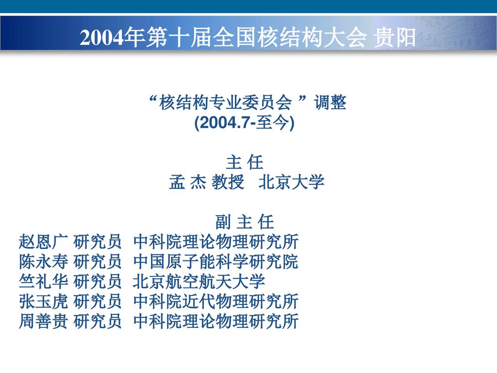 2004年第十届全国核结构大会 贵阳 核结构专业委员会 调整 ( 至今) 主 任 孟 杰 教授 北京大学 副 主 任