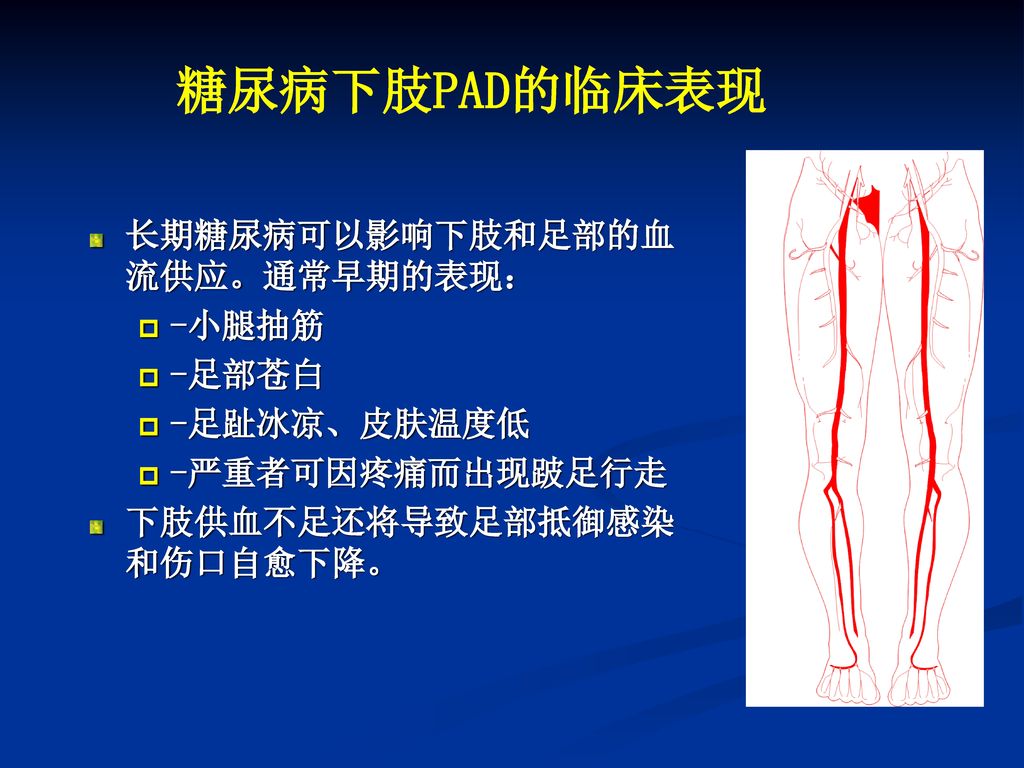 糖尿病下肢PAD的临床表现 长期糖尿病可以影响下肢和足部的血 流供应。通常早期的表现： -小腿抽筋 -足部苍白 -足趾冰凉、皮肤温度低